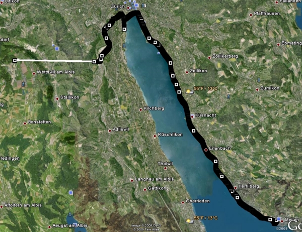 Google Earth map with position marks
